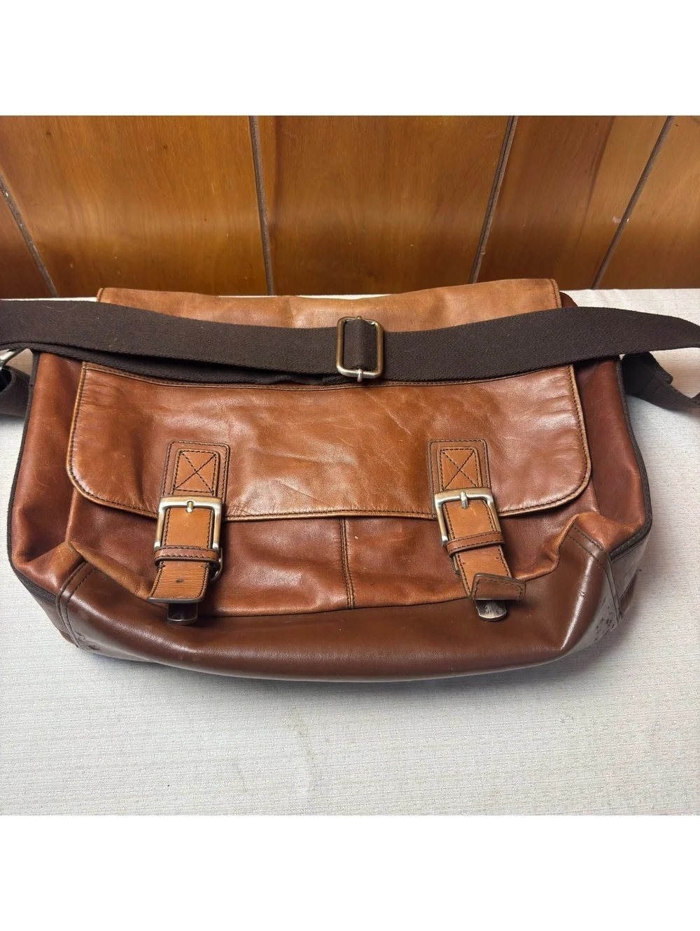 Fossil Genuine Leather Messenger Bag Brown Work Satchel Briefcase 16x12